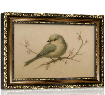 Vintage Gold Framed Spring Bird Wall Art, Watercolor Cherry Prints