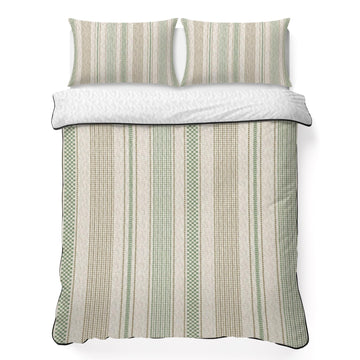 Vintage Striped Quilts Bedding Set Green Khaki Vertical Ticking Stripes French Country Lightweight Quilted