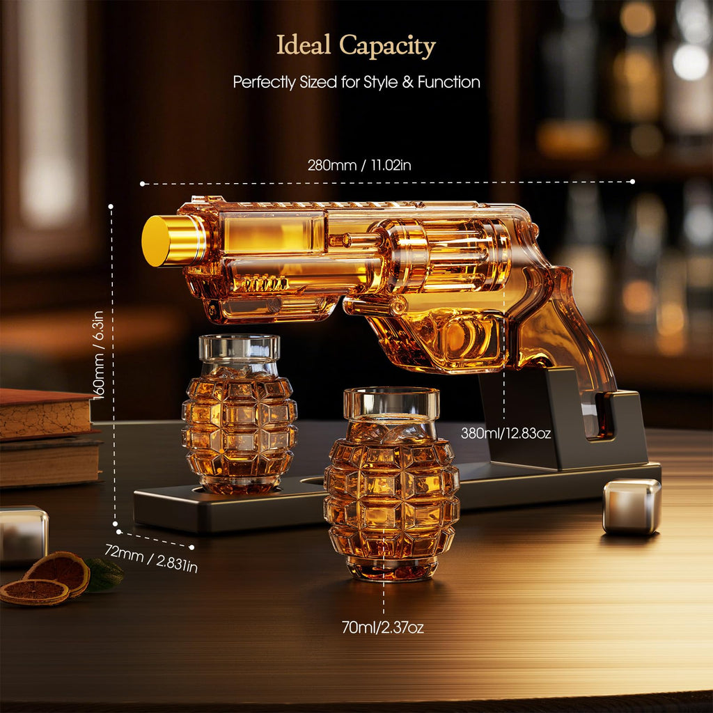 Handcrafted Whiskey Decanter Gift Set with 2 Grenade Glasses