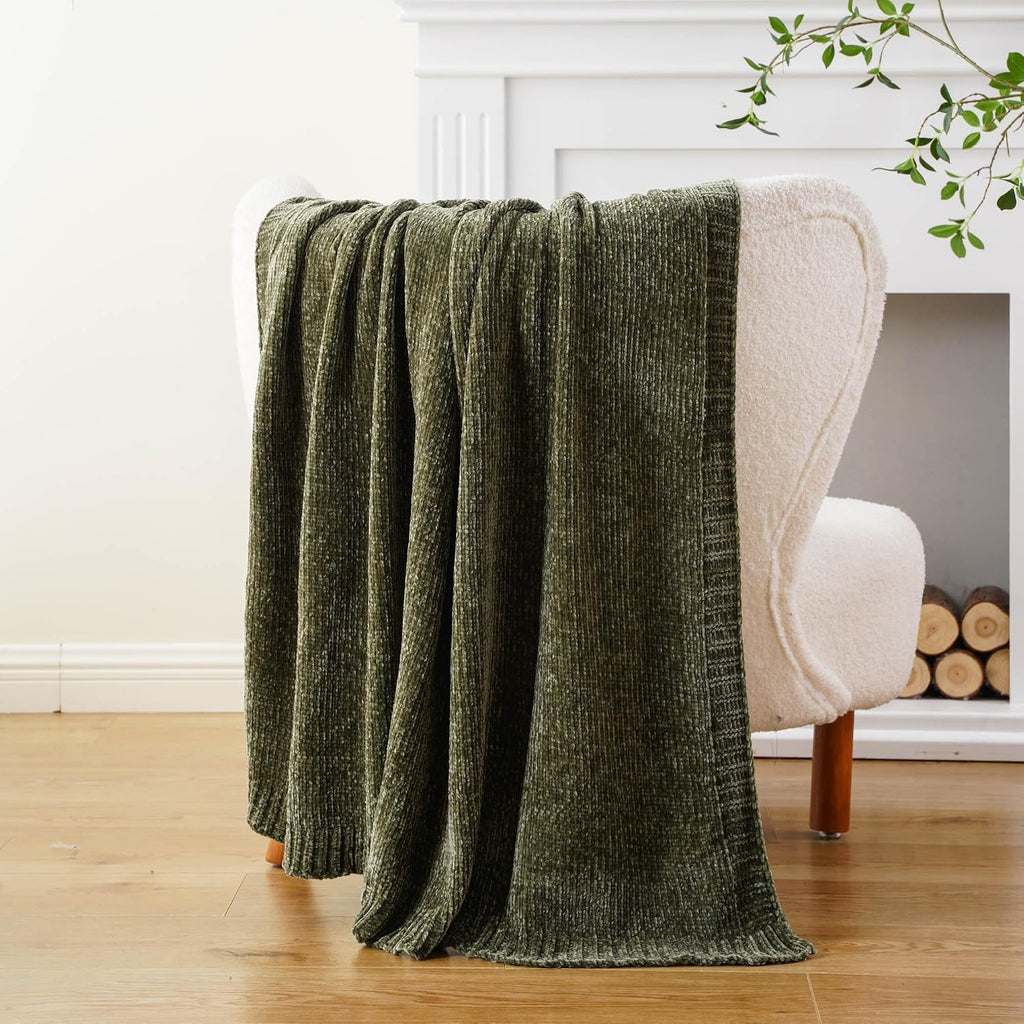 Olive Green Chenille Throw Blanket, Cozy Knit Throw Blanket, Super Soft Warm Green Blankets Chenille Blankets, 51"x67"
