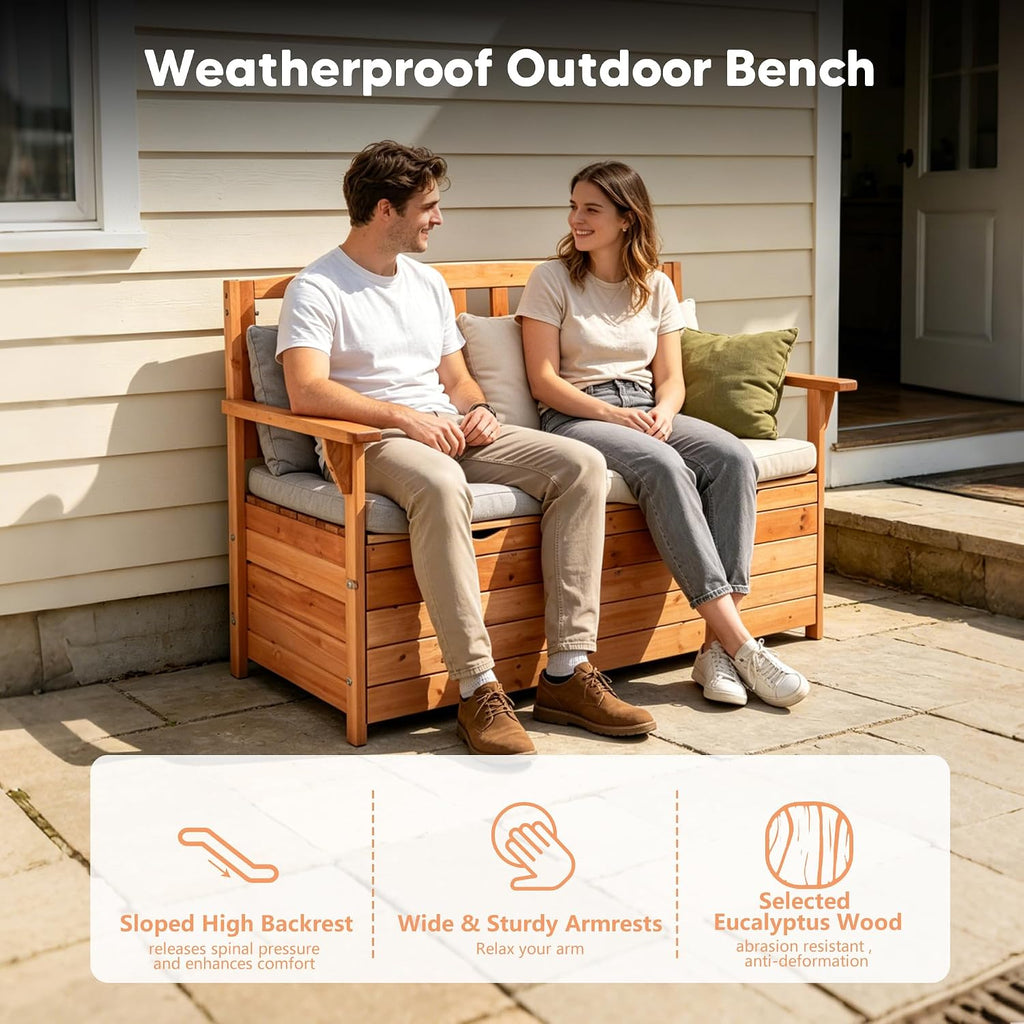 80 Gallon Outdoor Storage Bench Deck Box, Wooden Patio Bench with Armrests & Inner Removable DustProof Lining for