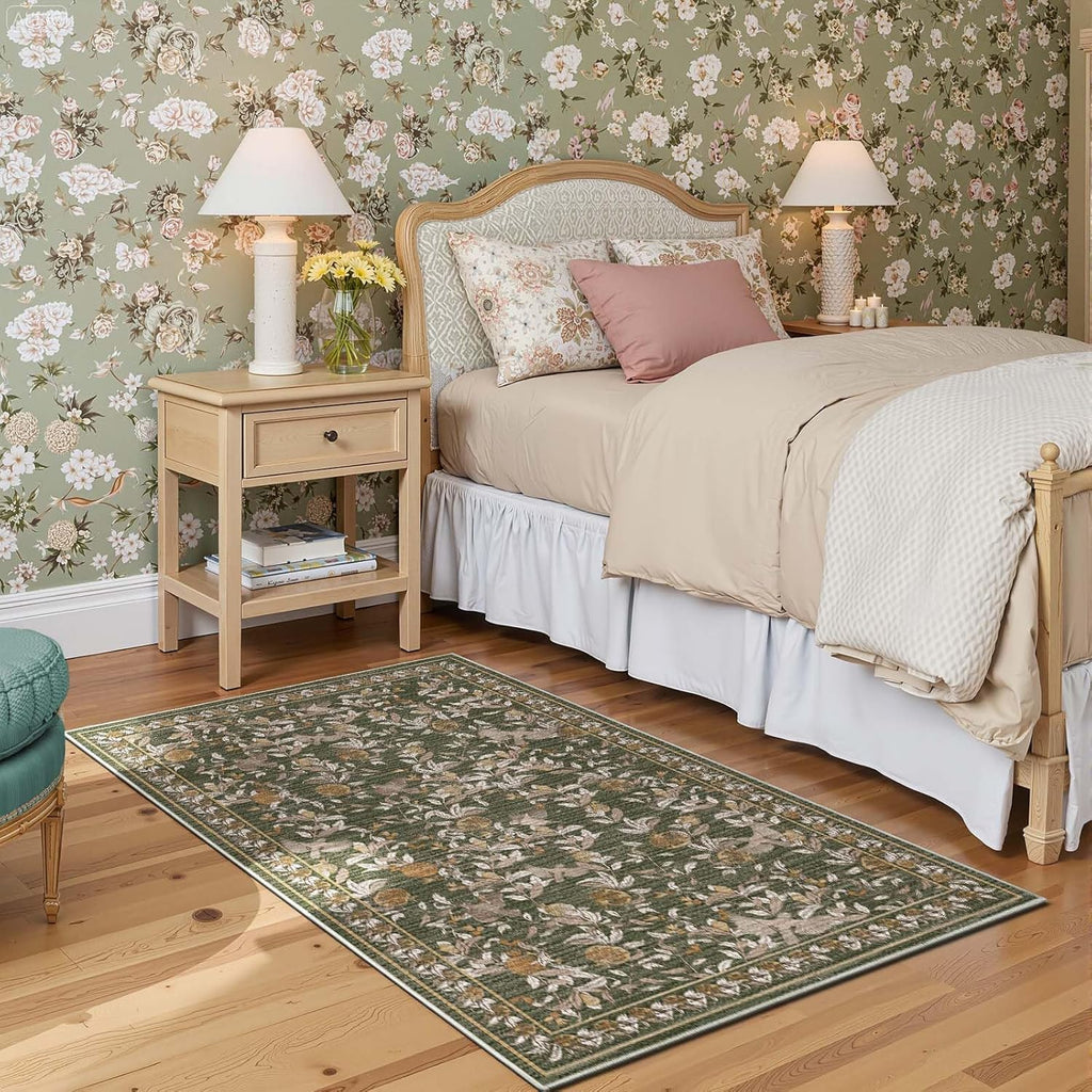 Eden Floral Washable Area Rug 3x5 Entryway Rug Vintage Lightweight Soft Non-Slip Indoor Low Pile Dis