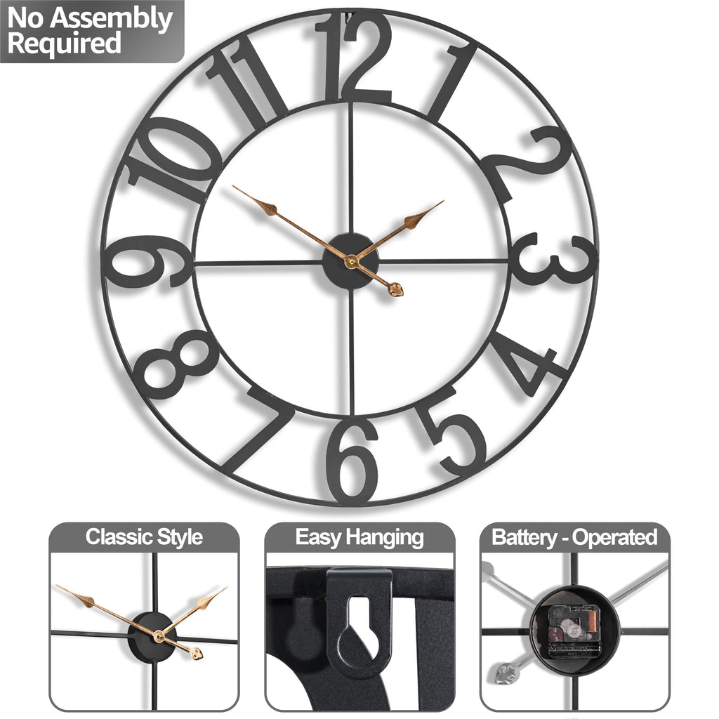 Large Wall Clock, Metal Frame, Battery Powered (32 Inch, Black)