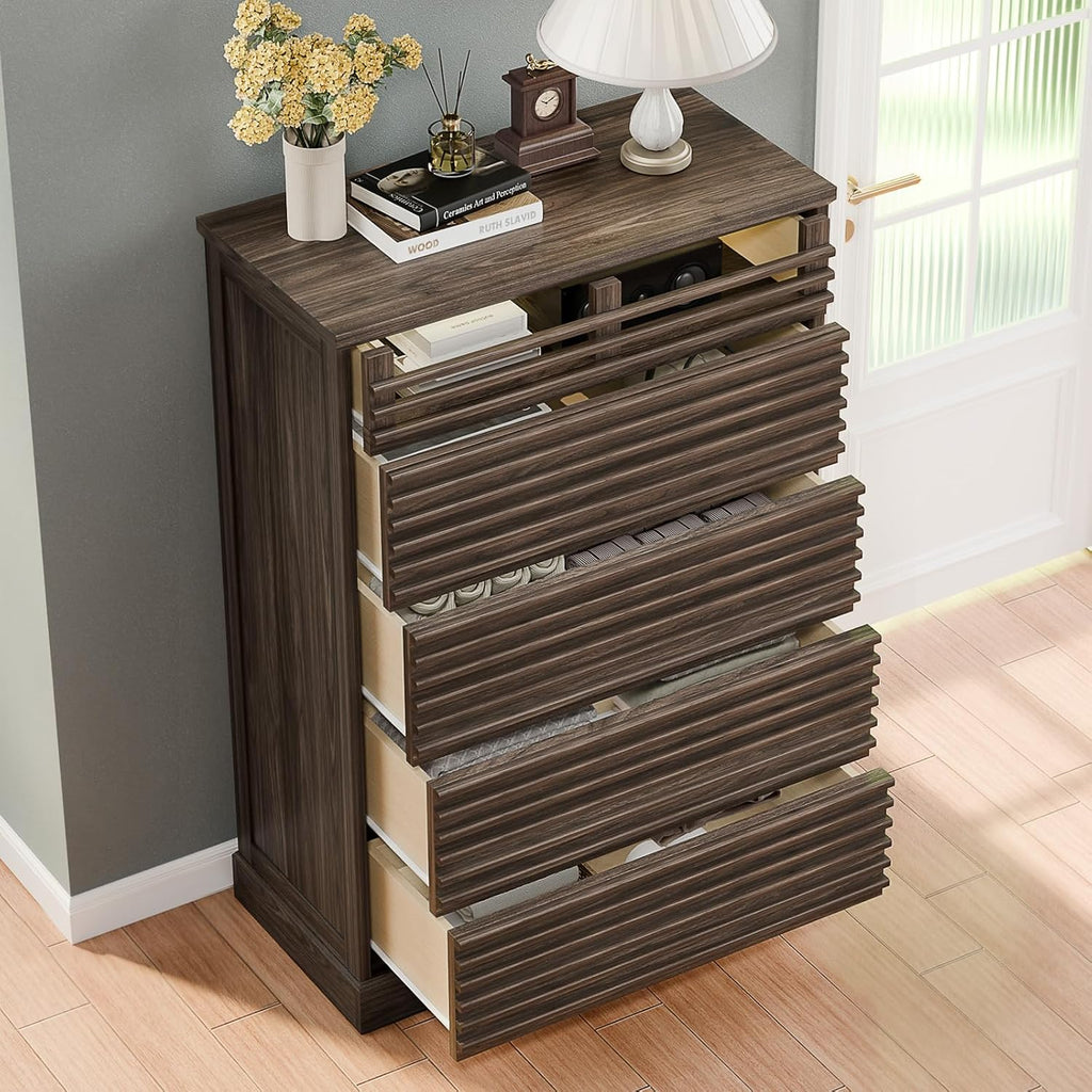 Fluted 5 Drawer Dresser, 46'' Tall Vertical Dresser with Led Light, Farmhouse Brown Wood Chest of Drawers with Grille