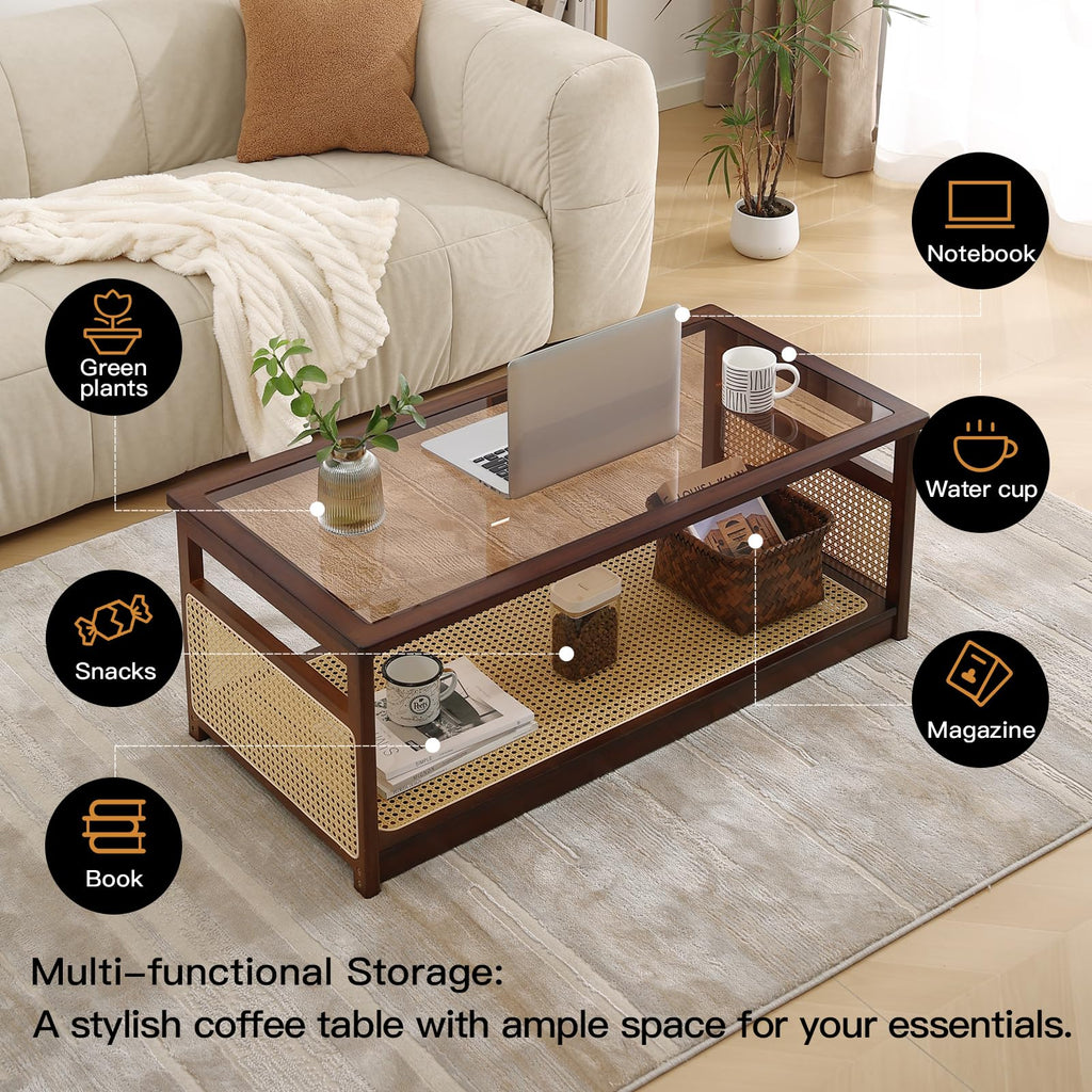 Rattan Coffee Table, 2-Tier Rectangle Center Table, 47.5", Walnut