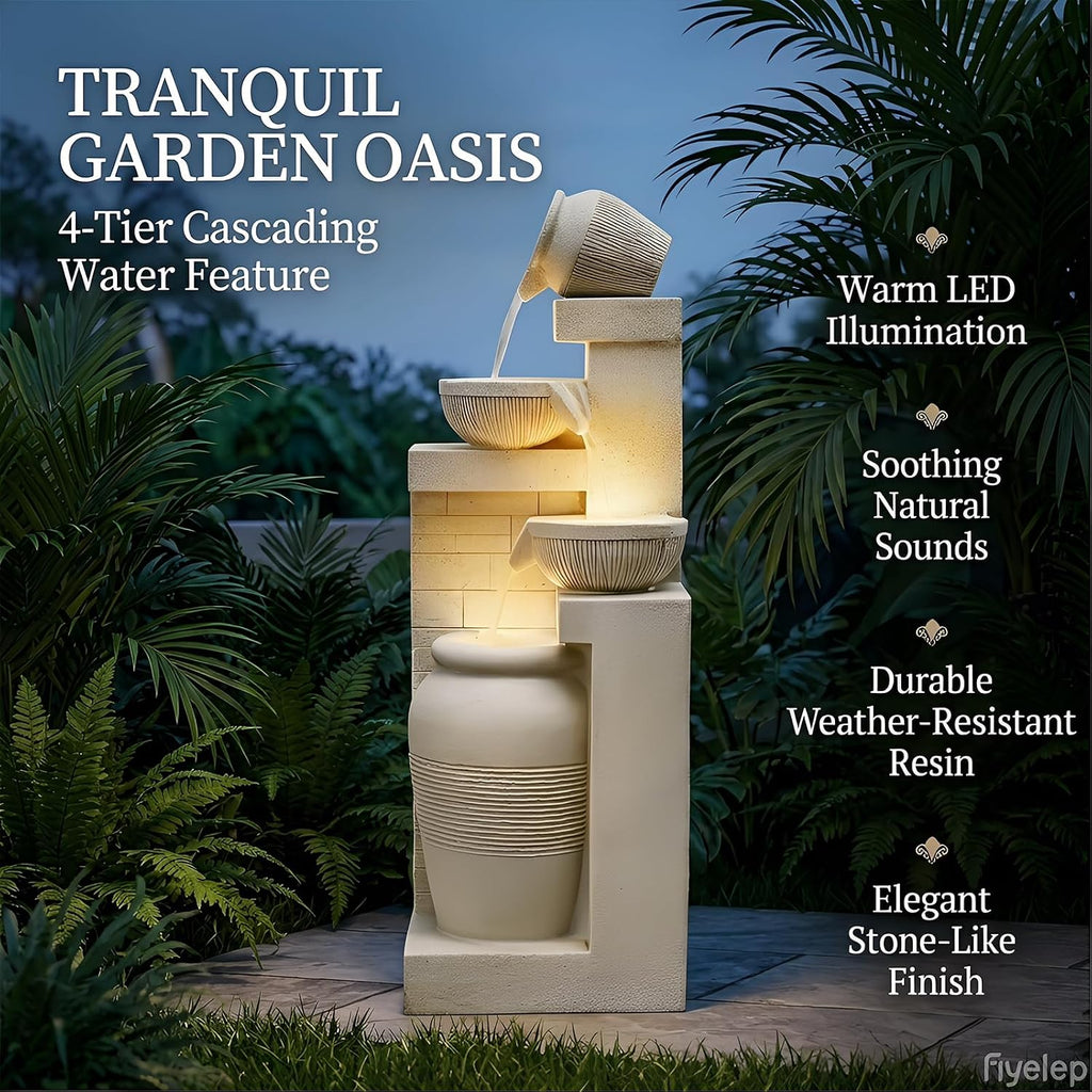 44" Outdoor Fountains and Waterfalls LED - Patio Water Fountains Outdoor for Outdoor Gardens Backyards Lawns Balconies