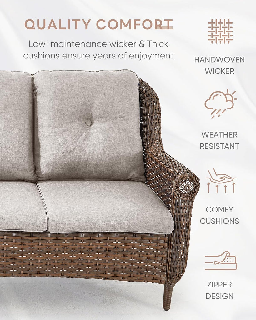 Patio Couch Outdoor Wicker Sofa - Heavy Duty All-Weather Brown Rattan 3-Seater with High Back and Comfortable Thick