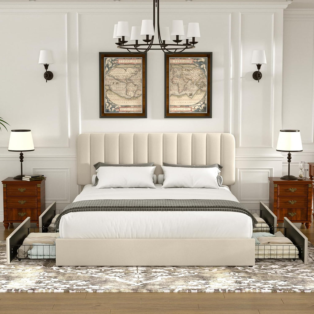 Queen Upholstered Bed Frame with 4 Drawers and Headboard, Velvet Platform Storage Bedframe, Wooden Slats Support