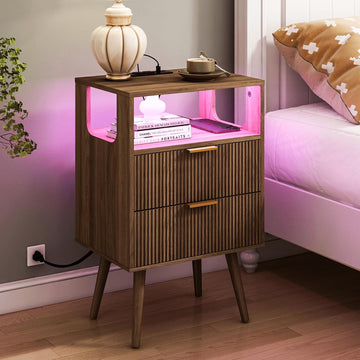 Nightstand with Charging Station and LED Lights,Modern Bedside Table with 2 Storage Drawer and Open Wood Shelf