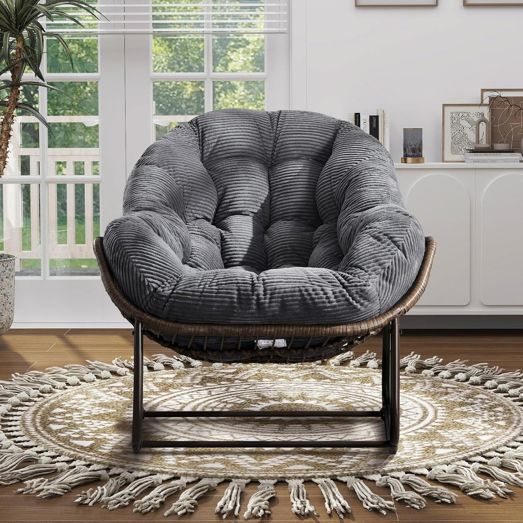 Oversized Indoor Rocking Chair, Comfy Corduroy Rocking Papasan Chair with Thick Cushion and Frame, Large Wicker