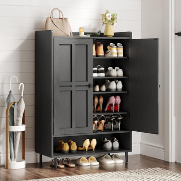 Shoe Cabinet with Cross Molding Doors, 6-Tier Shoe Storage Cabinet with 3 Adjustable Shelves and Metal Legs, 45''