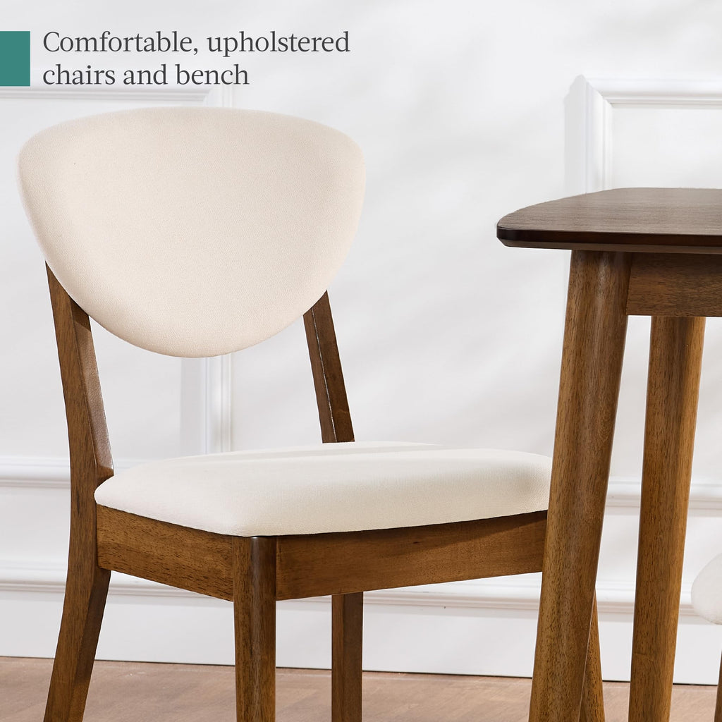 4-Piece Mid-Century Modern Wood Dining Kitchen Table & Chair Set w/ 2 Upholstered Chairs, Bench Seat - Walnut/Cream