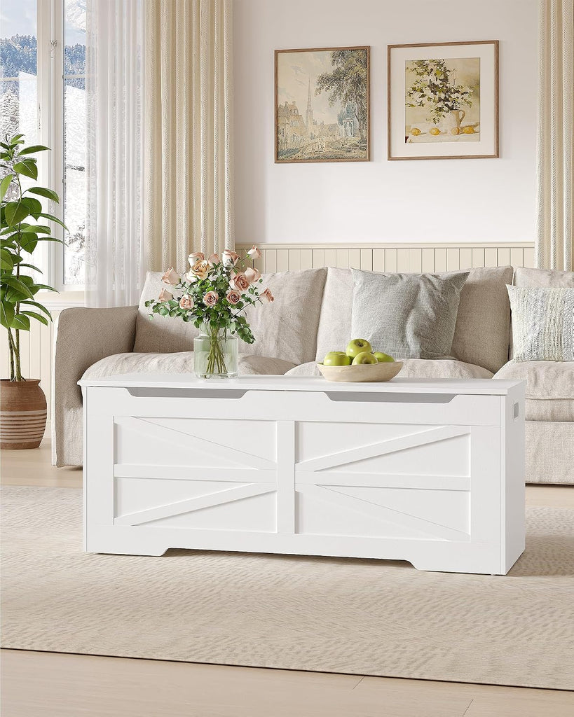 47" Large Storage Bench, 225L/59Gal FSC Wood Chest | Pure White | 330lb Seating | Double Hinges | Bedroom Blanket