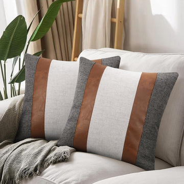 Faux Leather and Linen Throw Pillow Covers 18x18 Inch Patchwork Modern Farmhouse Pillow Covers Gray and Brown Accent