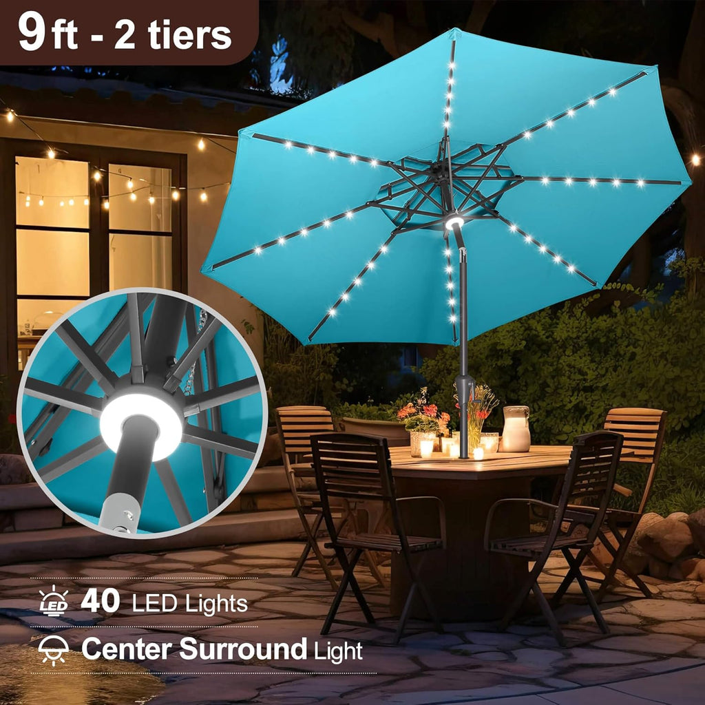 2 Tiers 9ft Solar Light Patio Umbrella, 40 LED lights outdoor umbrella with Centre Surround Light