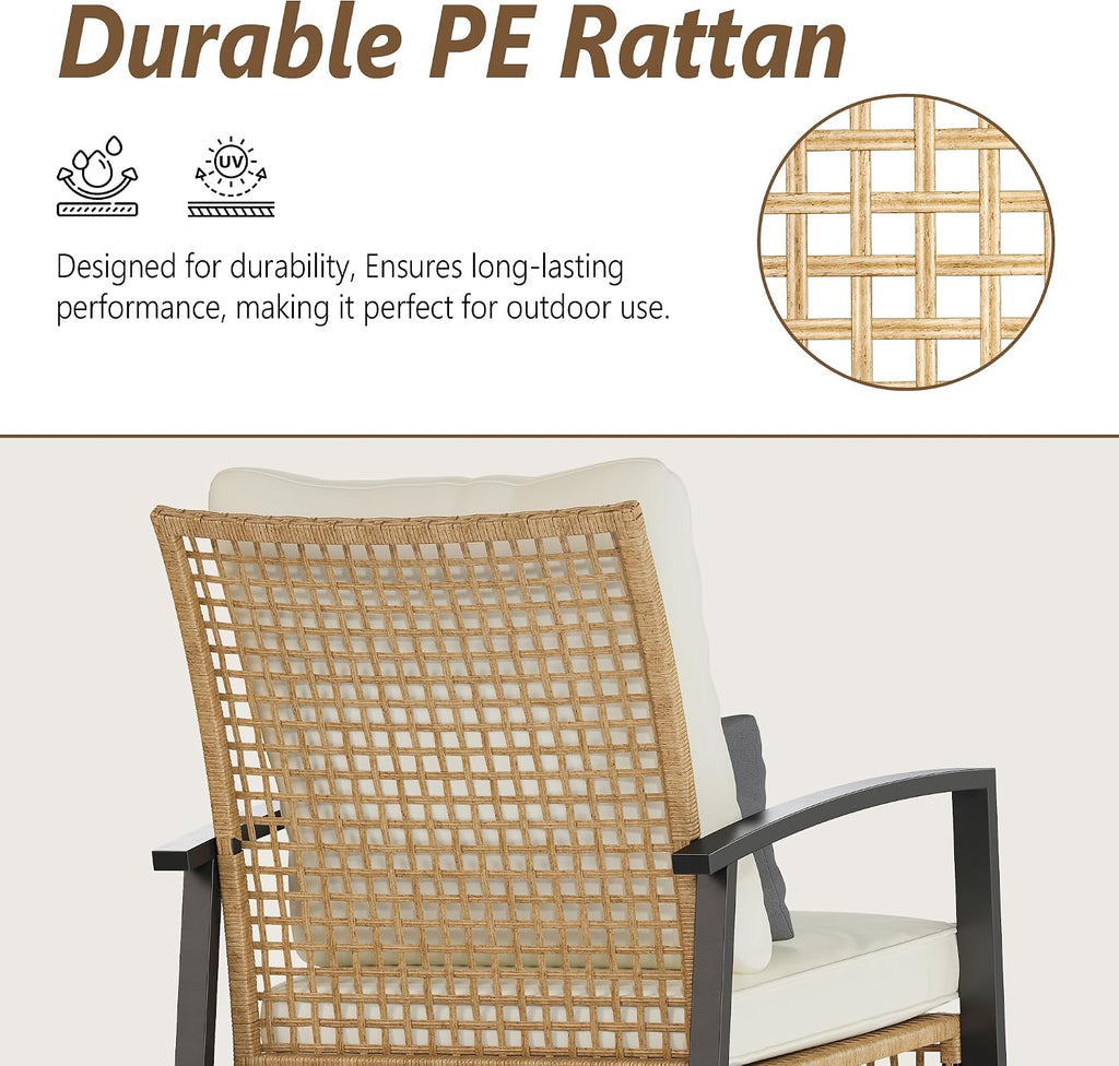 3 Piece Patio Rocking Chairs Set of 2, Outdoor Rocking Chair Bistro Set with Tempered Glass Coffee Table and Thick