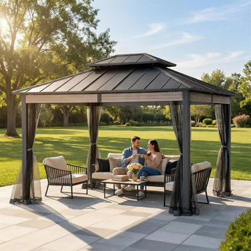 10x12 Hardtop Gazebo with Heavy-Duty Galvanized Steel Double Roof, Mosquito Netting & Woodgrain Finish Beams
