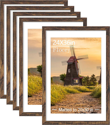 24x36 Picture Frame Set of 5, Rustic Brown Poster Frame, Display Pictures 20 x 30 with Mat or 24 x 36 Without Mat for