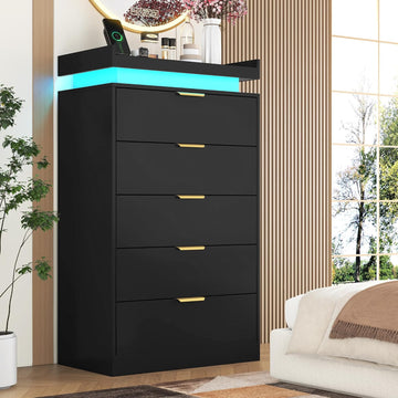 Tall Dresser , Black Dresser with LED Lights, Wood 5 Drawer Chest with Power Outlet, Modern Chest of Drawers