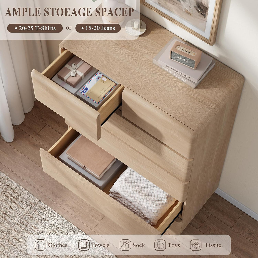Natural 6 Drawer Dresser , 48" Tall Chest of Drawers | Curved Profile Design, Thickened Base, Handless design, Unique
