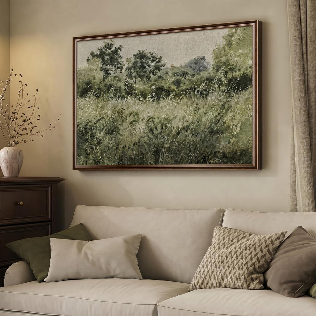 Large Framed Vintage Wall Art, Modern Farmhouse Green Botanical Landscape Canvas Painting Prints, Rustic Cottage Core