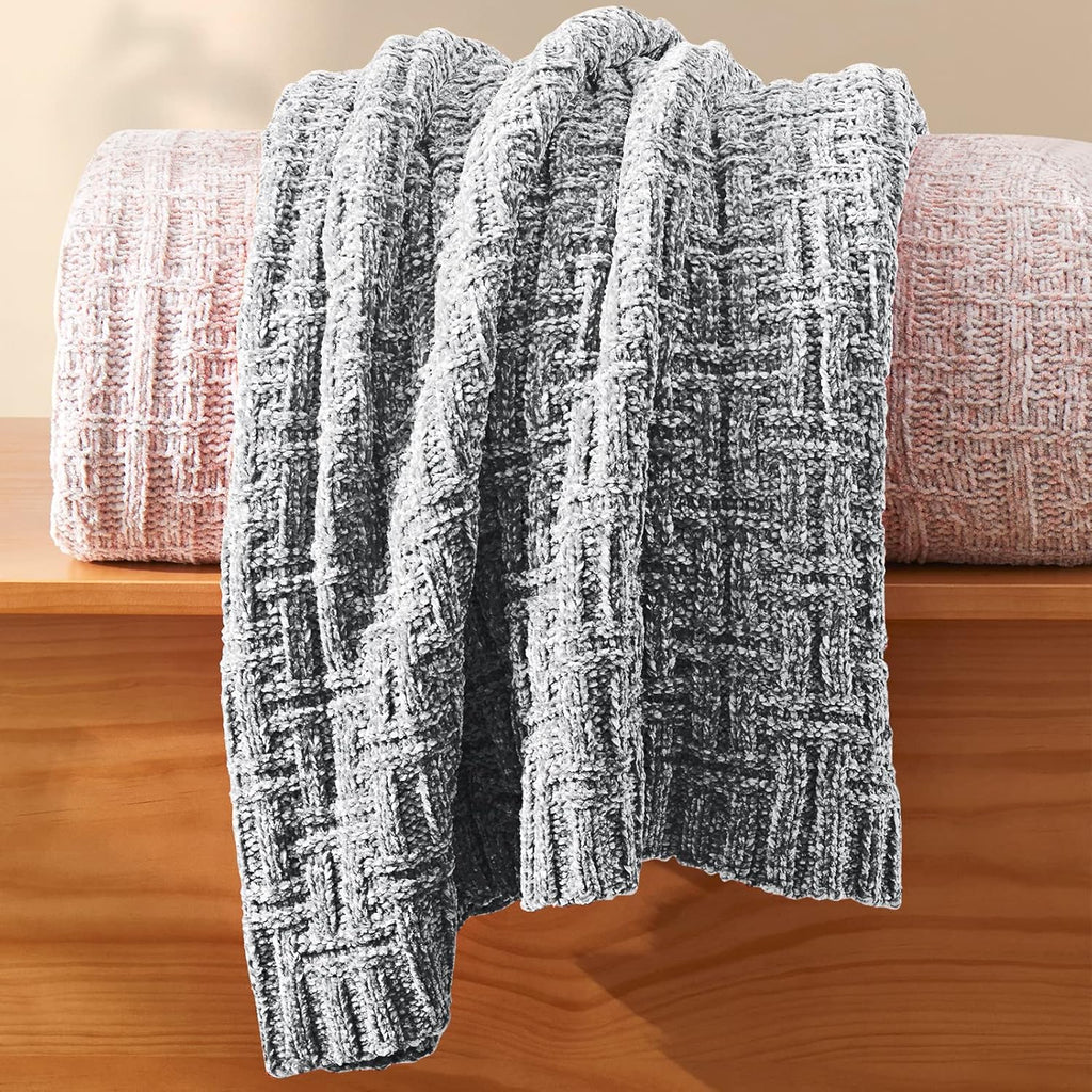 Dark Grey Chenille Knit Throw Blanket, Cozy Soft Cable Knitted Blankets, Warm Chenille Knitted Blanket for All