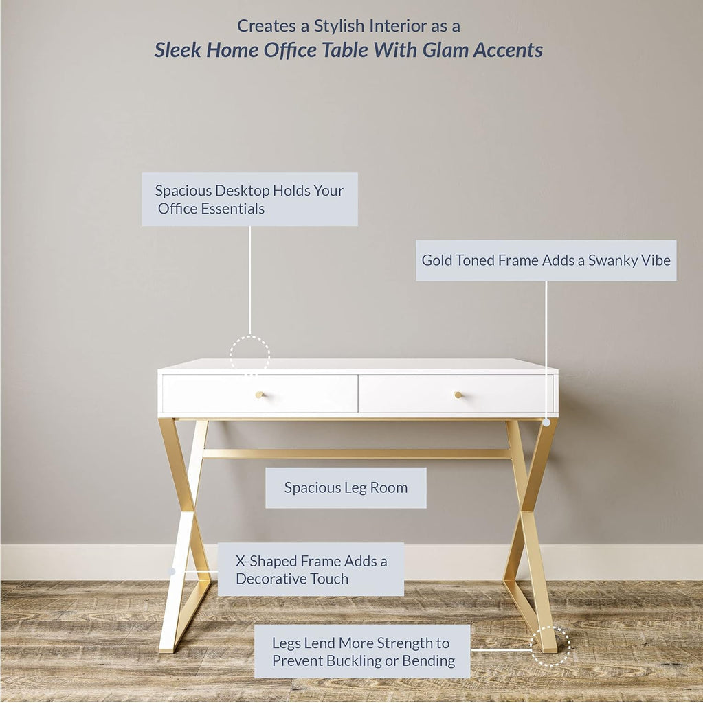 Modern 42 Inch Makeup Vanity Dressing Table or Home Office Computer Laptop Writing Desk with Two Storage Drawers