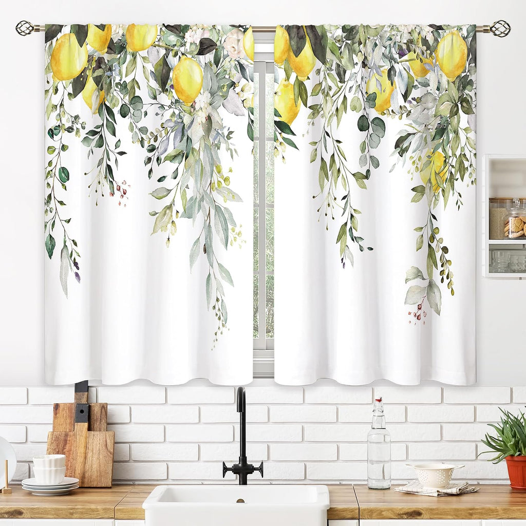 Eucalyptus Botanical Leaves Floral Kitchen Window Curtains Over Sink Boho Farmhouse Flower Leaf Small Window