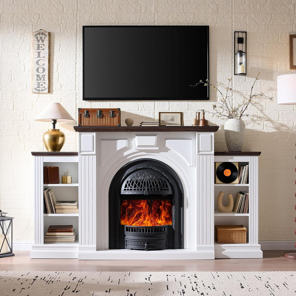 76 Inch Farmhouse Electric Fireplace TV Stand with Mantel, Entertainment Center for TVs up to 90 Inches, Media Console with 30 Inch Fireplace Insert Heater for Living Room or Bedroom