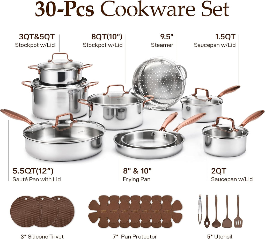 30 PCS Tri-Ply Stainless Steel Cookware Set Pots and Pans Set | Non Toxic Induction Kitchen Cooking Sets,Oven &