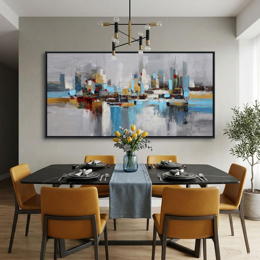 Large Blue Gold Abstract Wall Art,City Skyline Canvas Wall Decor Print,Modern Minimalist Cityscape Painting