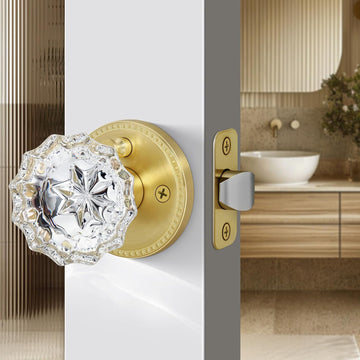 Brushed Gold Privacy Crystal Door Knob, Gold Vintage Crystal Door Knob with Privacy Lock, Glass Doorknob Interior