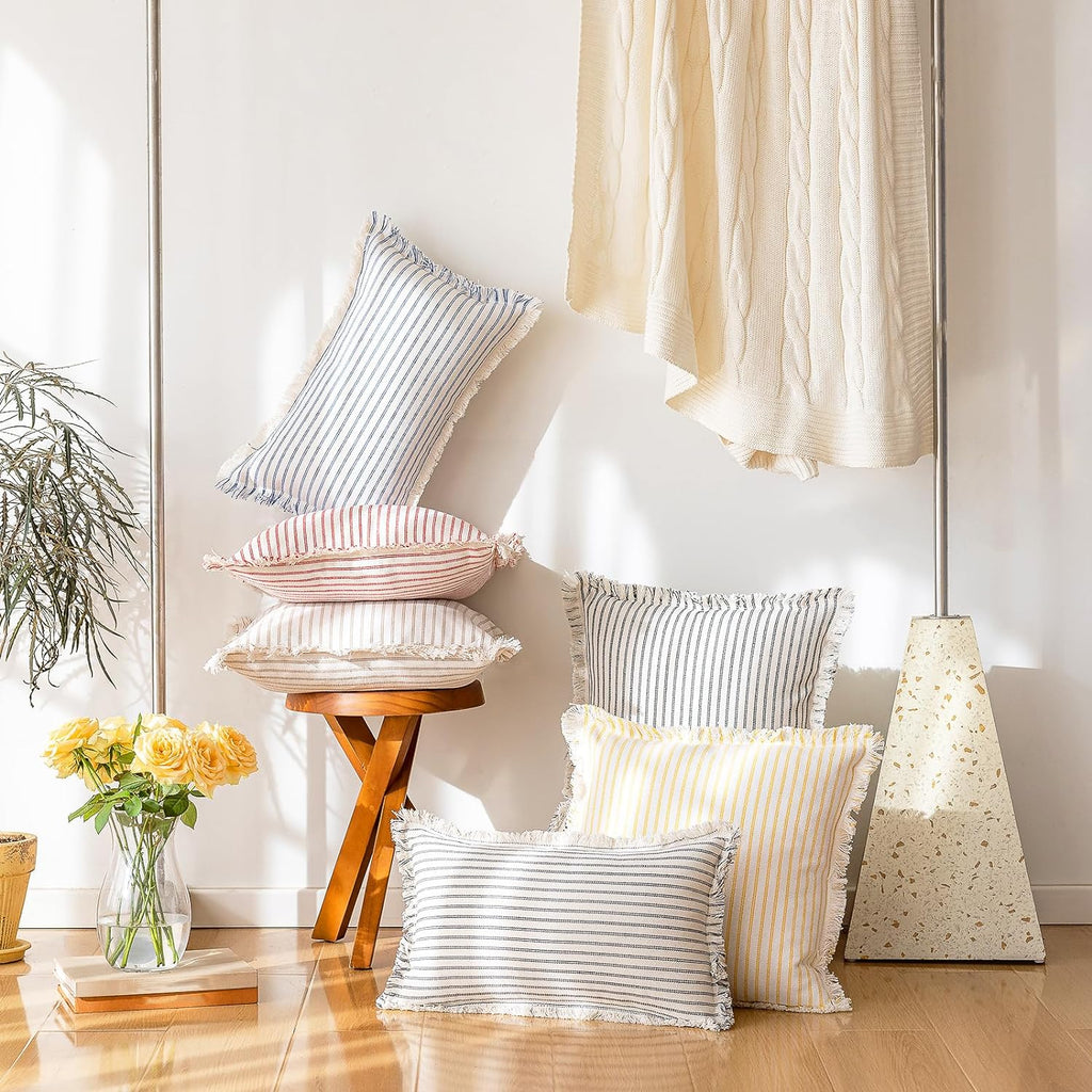 Throw Pillow Covers 18x18 Set of 2 Striped Fringe Pillow Cover Farmhouse Cushion Covers with Tassel Neutral Boho
