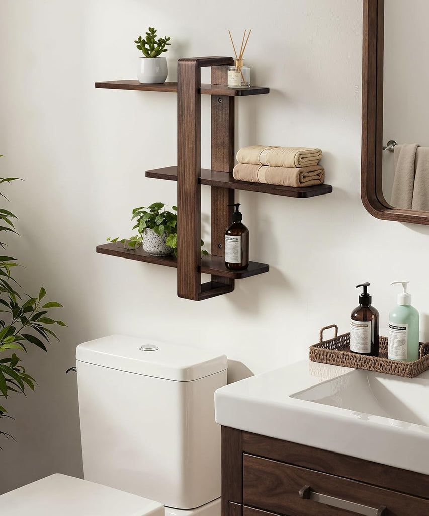 Floating Shelves for Wall Walnut Shelf Unit Mid Century Modern Decor | 3 Tier 20in Adjustable Shelving, Decorative
