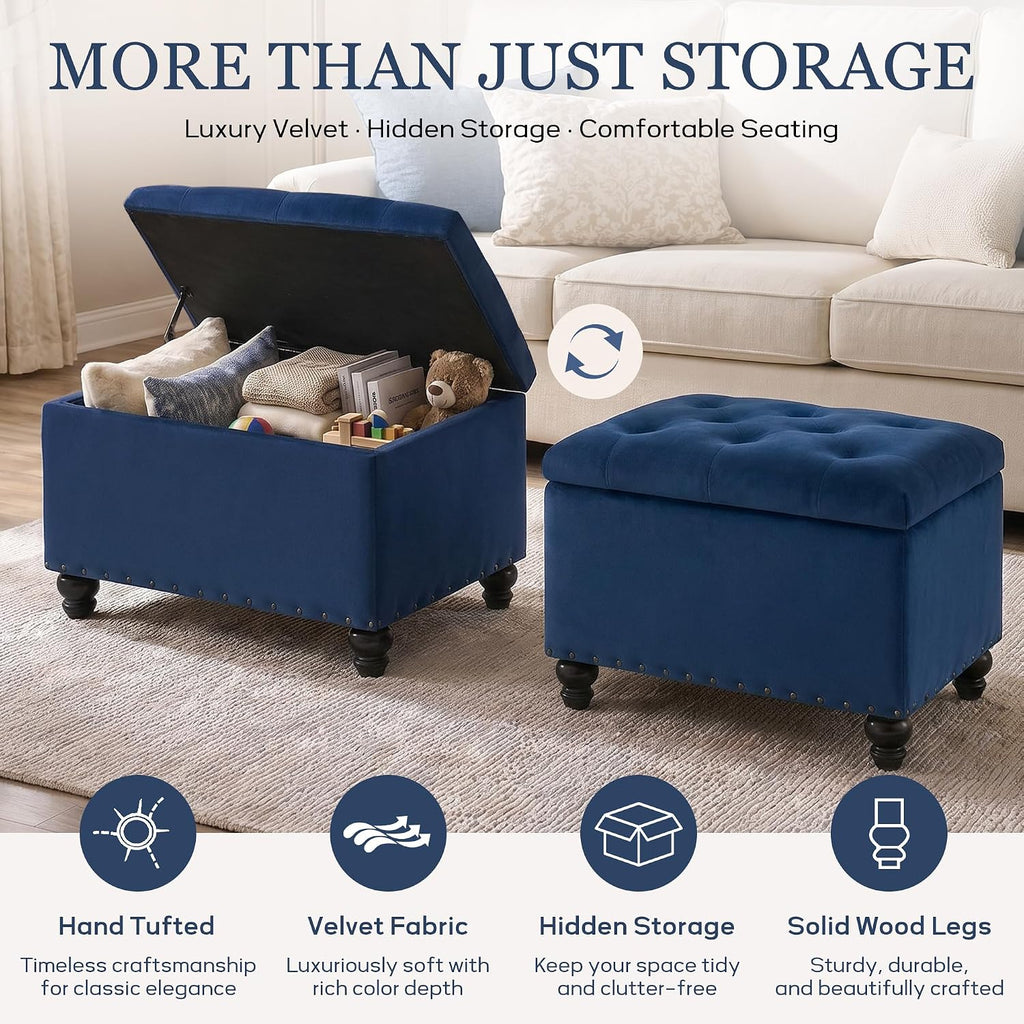 Velvet Storage Ottoman Bench, Button Tufted Ottoman with Hidden Storage, Upholstered Foot Rest Stool with Solid Wood