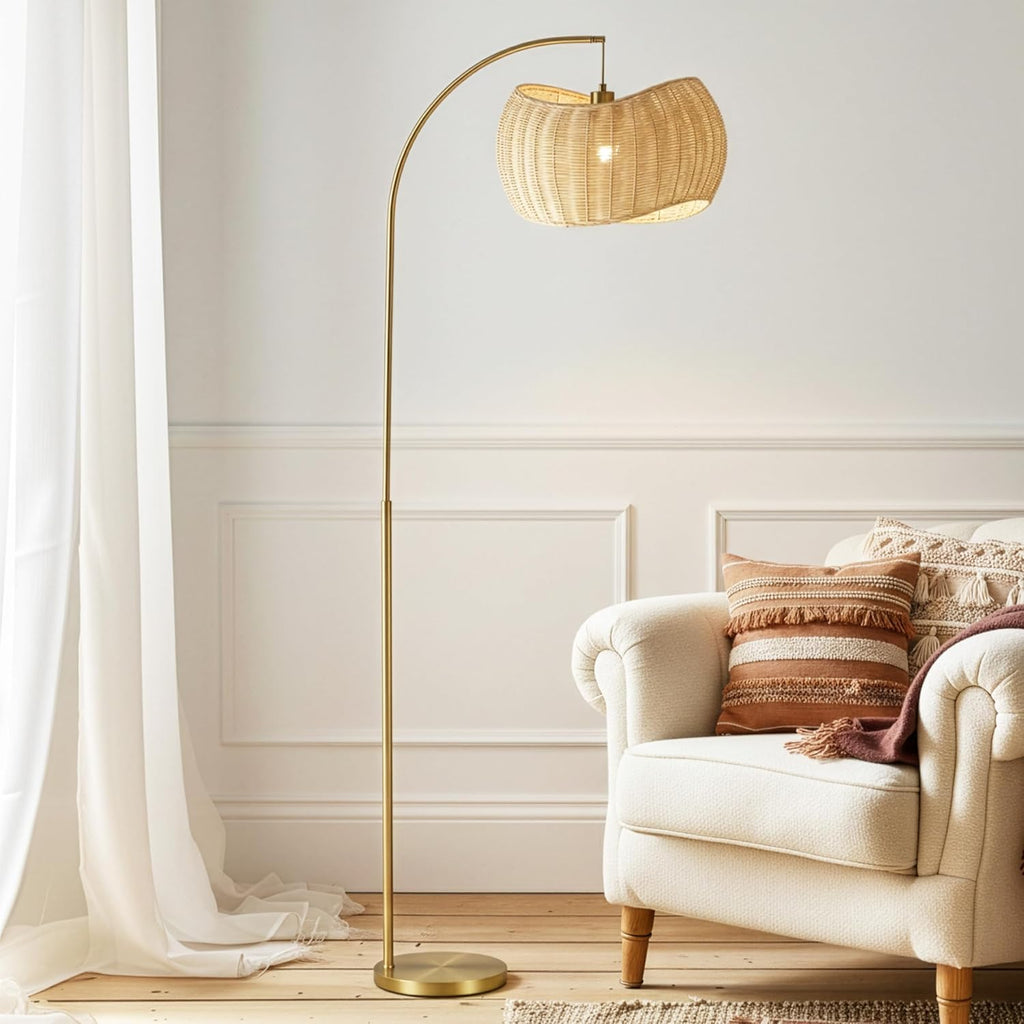 Wave Arc Floor Lamp - Chic Standing Lamp with Unique Hanging Wicker Pendant Shade, Boho Rattan Natural Decor Lamp