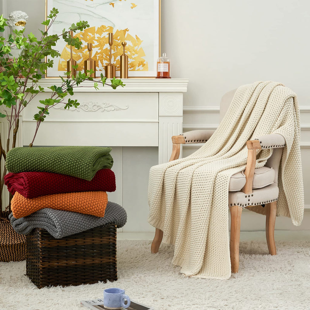 Chunky Cable Knit Throw Blanket Lightweight Cream 100% Organic Cotton Blanket for Sofa Couch Bed Baby Nursery, Rustic