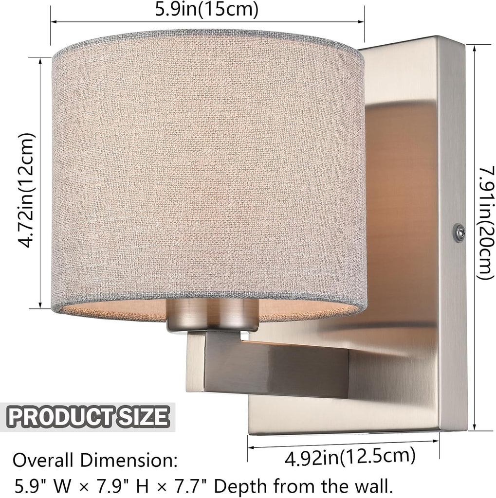 Modern Brushed Nickel Wall Sconces Set of 2 | Linen Drum Shade Wall Sconce, 1-Light Silver Wall Mount Lamp Hallway