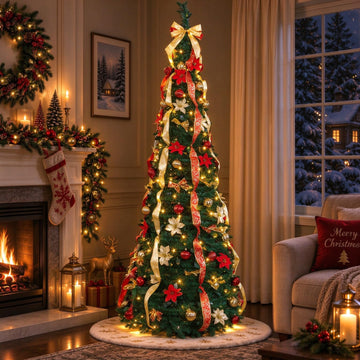 6FT Pop Up with Lights, Prelit Collapsible with 150 Warm White Lights & 8 Flashing Modes, Decorated Foldable Xmas