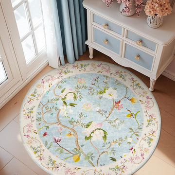 5ft Washable Round Area Rug, Soft Chinoiserie Floral, Blue/Pink