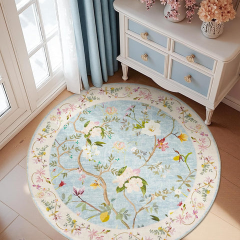 Floraison 5ft Round Rug Floral Soft Machine Washable Mat Non Slip Flowers Chinoiserie Circle Rugs Lo