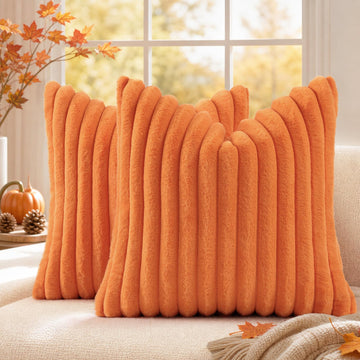Fall Faux Fur Throw Pillow Covers 18x18 Set of 2 Pumpkin Orange