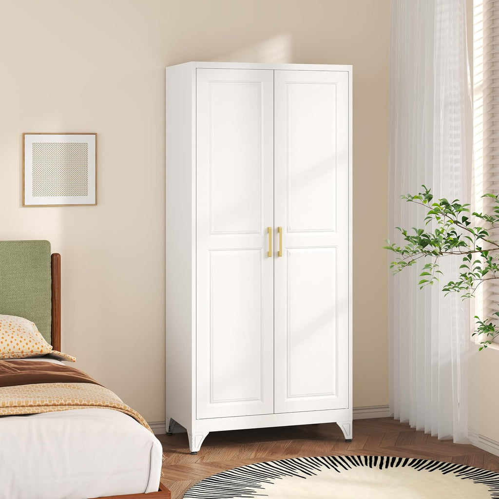 Metal Wardrobe Cabinet,Armoire Wardrobe Closet with Hanging Rod | 71" Freestanding Clothing Storage Cabinet,White