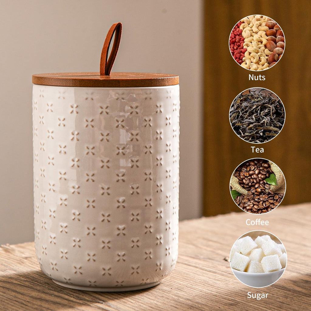 Embossed Ceramic Canister Set with Airtight Bamboo Lid
