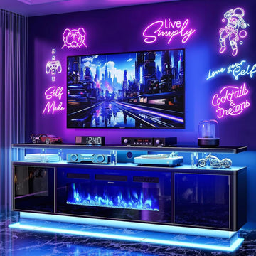 70" Fireplace TV Stand with Double LED Lights for TVs UP to 80", Electric Fireplace Entertainment Center with Storage