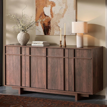 63" Sideboard Buffet Cabinet, Skeleton Lines Design, Walnut | Mid Century Modern Accent Cabinet with Wood Gain