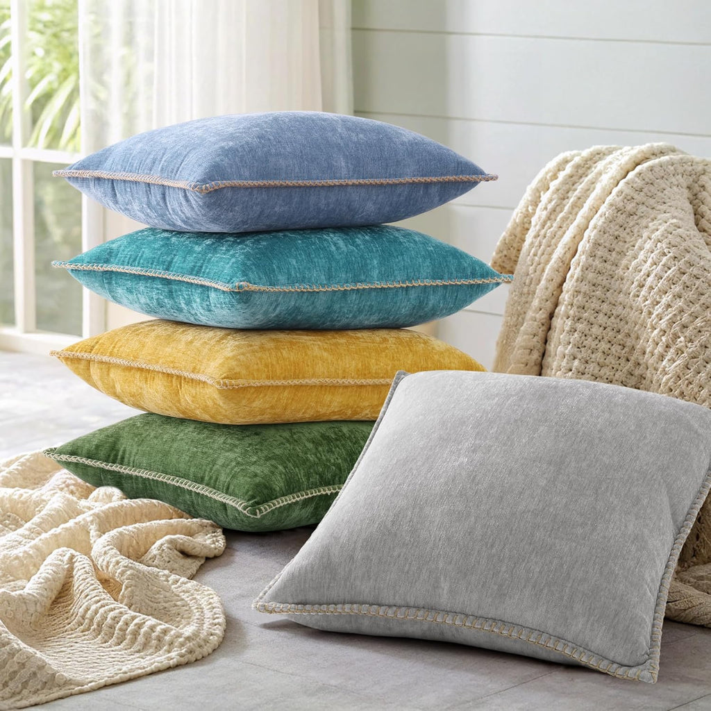 Chenille Soft Cozy Throw Pillow Covers 18x18 Set of 2, Modern Farmhouse Boho Velvet Decorative Pillow Cases with