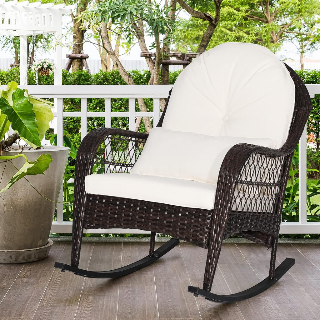 Outdoor Wicker Rocking Chair, Patio Rattan Rocker w/Lumbar Pillow, Padded Seat & Back Cushions, Metal Frame, Mix