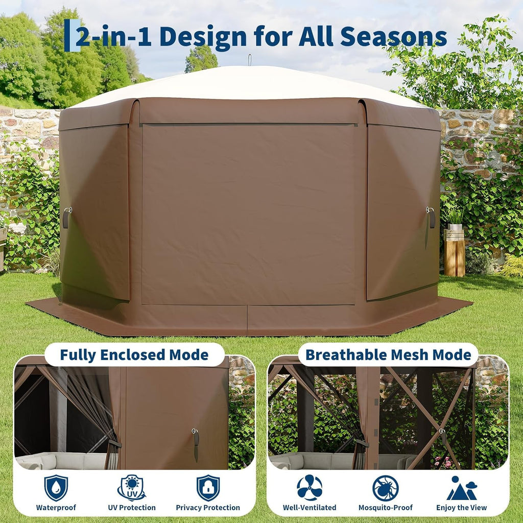 11.5x11.5FT 6-Sided Pop Up Gazebo Tent，One-Push Setup Canopy Tent with Mesh Panels & Removable Wind Cloths