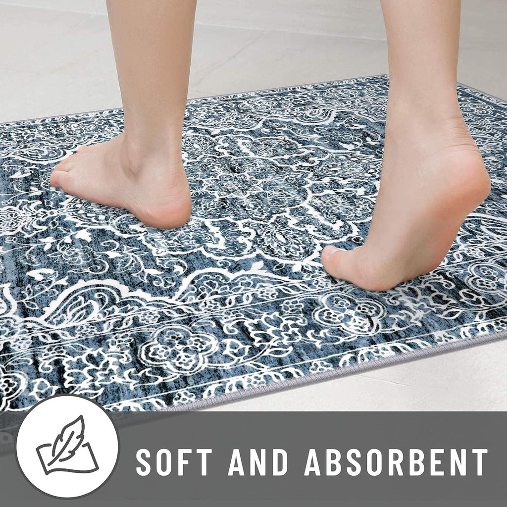 3x5 Entryway Rug Non-Slip Washable Area Rugs, Vintage Floral Kitchen Rugs Blue White, Ultra Soft Pri